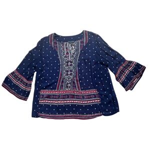 Lucky Brand Blue Boho Peasant Top Women's L Embroidered Bell‎ Sleeve Blouse